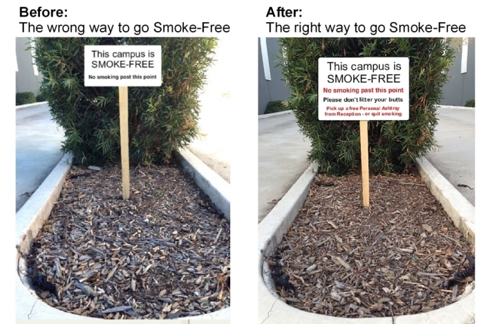 Smoke Free the wrong way vs. the right way at a Victorian Campus
One week with No BuTTs Personal Ashtrays makes a BIG difference.
Notice anything different?
No BuTTs!