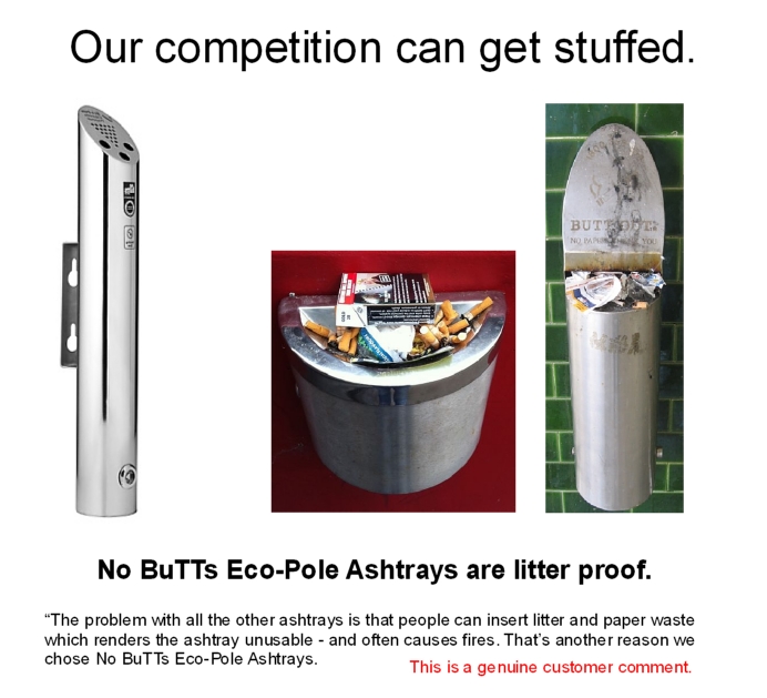 Eco-Pole Ashtrays have 'butts only' entry points that prevents litter insertion Eco-Pole Ashtrays have 'butts only' entry points that prevents litter insertion