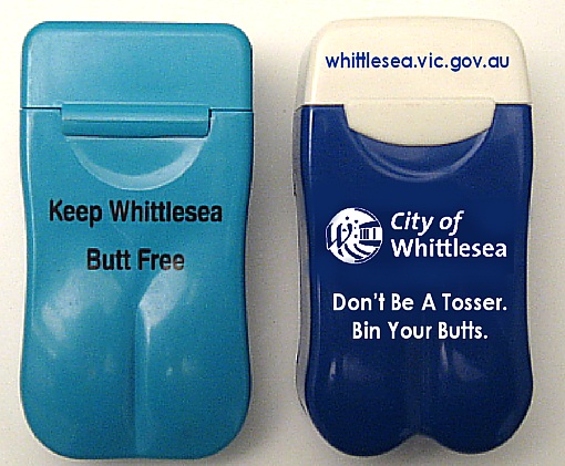 Whittlesea City Council is just one of over 100 Govt Depts that have switched to No BuTTs Personal Ashtrays.
It's easy to see why. (Our competitors on left - No BuTTs Mini-Butt Personal Ashtray on right)